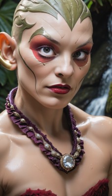 1girl,solo,breasts,looking at viewer,short hair,dress,cleavage,bare shoulders,jewelry,closed mouth,collarbone,upper body,earrings,green hair,water,necklace,blurry,lips,grey eyes,eyelashes,strapless,makeup,facial mark,lipstick,eyeshadow,realistic,red lips,facepaint,very short hair,brown eyes,pointy ears,leaf,genderswap,genderswap (mtf),waterfall