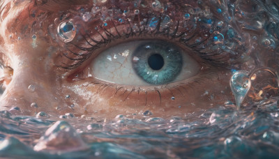 solo, looking at viewer, blue eyes, water, eyelashes, close-up, 1other, reflection, bubble, water drop, air bubble, eye focus