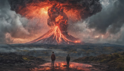 standing, outdoors, multiple boys, sky, cloud, fire, scenery, smoke, mountain, giant, molten rock