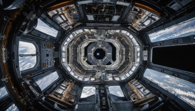 sky,cloud,dutch angle,no humans,star (sky),scenery,science fiction,space,planet,earth (planet),spacecraft,solo,artist name,indoors,signature,dated,english text,window,floating,machinery,realistic,cockpit