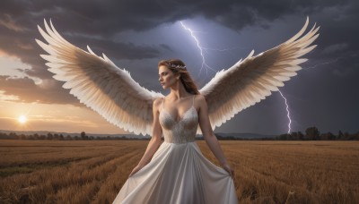 1girl,solo,long hair,breasts,large breasts,brown hair,dress,cleavage,bare shoulders,medium breasts,collarbone,outdoors,wings,sky,cloud,white dress,tree,lips,cloudy sky,grass,feathered wings,sunset,angel wings,realistic,skirt hold,white wings,sun,angel,field,lightning,brown eyes,pointy ears,scenery,head wreath