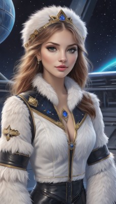 1girl,solo,long hair,breasts,looking at viewer,blue eyes,blonde hair,brown hair,hat,cleavage,brown eyes,jewelry,medium breasts,upper body,earrings,parted lips,lips,coat,grey eyes,fur trim,makeup,white headwear,crown,lipstick,gem,star (sky),eyeshadow,realistic,nose,red lips,space,planet,fur hat,earth (planet),necklace