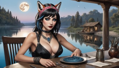 1girl,solo,long hair,breasts,looking at viewer,bangs,blue eyes,large breasts,black hair,dress,animal ears,cleavage,bare shoulders,jewelry,sitting,blue hair,collarbone,upper body,multicolored hair,hairband,earrings,outdoors,parted lips,sky,sleeveless,choker,cat ears,water,necklace,black dress,bracelet,tree,lips,streaked hair,fingernails,makeup,night,black choker,chair,moon,table,knife,lipstick,star (sky),nature,night sky,full moon,pendant,plate,forest,starry sky,fantasy,fork,red lips,lake,mascara,wooden table,blush,medium breasts,day,artist name,signature,nail polish,cup,headband,watermark,wolf ears,building,web address,reflection,paper,river,reflective water,pov across table