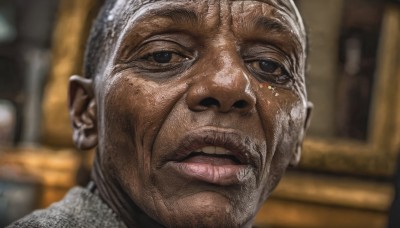 solo,looking at viewer,open mouth,1boy,brown eyes,grey hair,male focus,parted lips,teeth,indoors,tears,blurry,black eyes,lips,depth of field,blurry background,portrait,meme,realistic,old,statue,wrinkled skin,hat,facial hair,crying,close-up,bald,old man