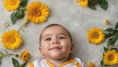 solo,looking at viewer,smile,1boy,closed mouth,upper body,flower,male focus,lying,on back,lips,shadow,leaf,portrait,realistic,yellow flower,sunflower,bald,blue eyes,from above