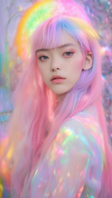 1girl,solo,long hair,looking at viewer,bangs,shirt,closed mouth,white shirt,upper body,pink hair,multicolored hair,blunt bangs,blurry,black eyes,lips,grey eyes,eyelashes,makeup,blurry background,realistic,nose,colorful,rainbow hair,blue hair,parted lips,from side,expressionless