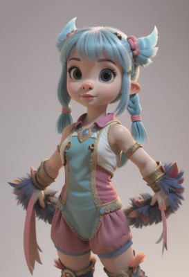 1girl,solo,long hair,looking at viewer,smile,bangs,blue eyes,simple background,hair ornament,thighhighs,ribbon,bare shoulders,twintails,jewelry,blue hair,standing,braid,cowboy shot,shorts,sleeveless,pointy ears,black eyes,vest,twin braids,flat chest,bracelet,lips,feathers,hair bobbles,short twintails,child,armlet,freckles,female child