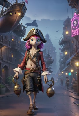 1girl,short hair,blue eyes,multiple girls,hat,navel,holding,jewelry,full body,pink hair,outdoors,multiple boys,open clothes,sky,solo focus,belt,pants,cloud,necklace,bell,glowing,colored skin,brown footwear,furry,walking,lantern,city,sign,watercraft,ship,pirate hat,pirate,barrel,weapon,purple hair,midriff,bird,furry female,airship