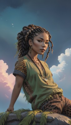 1girl,solo,long hair,looking at viewer,brown hair,shirt,black hair,1boy,brown eyes,jewelry,sitting,braid,short sleeves,male focus,earrings,outdoors,sky,shorts,day,belt,pants,cloud,dark skin,necklace,black eyes,flat chest,dark-skinned female,blue sky,lips,arm support,dark-skinned male,ring,cloudy sky,animal print,hoop earrings,realistic,nose,green shirt,leaning back,very dark skin,leopard print,dreadlocks,multiple braids,breasts,small breasts,leaf,thick eyebrows,plant,forehead,freckles,curly hair,facepaint,brown pants