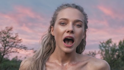 1girl,solo,long hair,looking at viewer,open mouth,blue eyes,collarbone,upper body,grey hair,nude,outdoors,sky,teeth,day,tongue,cloud,blurry,tree,lips,blurry background,portrait,freckles,realistic,nose,uvula,brown hair,bare shoulders,depth of field,cloudy sky