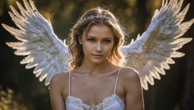 1girl,solo,long hair,breasts,looking at viewer,smile,blonde hair,dress,cleavage,bare shoulders,brown eyes,jewelry,medium breasts,underwear,collarbone,upper body,earrings,small breasts,wings,mole,blurry,lips,depth of field,blurry background,tiara,lace,feathered wings,backlighting,freckles,angel wings,realistic,white wings,angel,brown hair