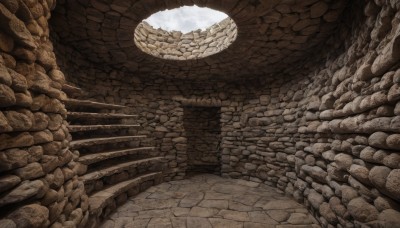 monochrome,outdoors,sky,day,cloud,no humans,traditional media,building,scenery,stairs,fantasy,road,wall,ruins,brick wall,bridge,landscape,blue sky,cloudy sky,brown theme,stone,stone floor