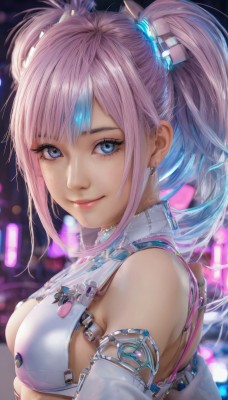 1girl,solo,long hair,breasts,looking at viewer,smile,bangs,blue eyes,hair ornament,cleavage,bare shoulders,twintails,jewelry,medium breasts,closed mouth,blue hair,upper body,pink hair,sidelocks,multicolored hair,earrings,detached sleeves,blurry,from side,two-tone hair,lips,streaked hair,eyelashes,blurry background,armlet,realistic,nose,artist name,nail polish,sideboob,gradient hair,makeup,depth of field,pink lips,mascara