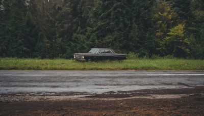 outdoors,day,tree,no humans,grass,ground vehicle,nature,scenery,motor vehicle,forest,car,road,vehicle focus,power lines,utility pole,signature,realistic,bush