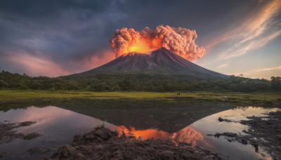 outdoors, sky, cloud, water, tree, no humans, cloudy sky, fire, nature, scenery, mountain, river, landscape