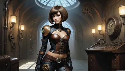 1girl,solo,breasts,looking at viewer,short hair,bangs,brown hair,gloves,navel,cleavage,brown eyes,medium breasts,standing,cowboy shot,parted lips,pointy ears,black gloves,midriff,belt,pants,artist name,indoors,armor,lips,clothing cutout,eyelashes,window,makeup,watermark,black pants,cleavage cutout,bob cut,lipstick,shoulder armor,web address,corset,buckle,contrapposto,pauldrons,belt buckle,nose,arms at sides,clock,tiles,red lips,lamp,leather,shoulder pads,gears,bustier,steampunk,leather pants,swept bangs,phone,suitcase,phonograph