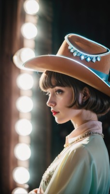 1girl,solo,short hair,bangs,brown hair,shirt,black hair,hat,dress,brown eyes,jewelry,closed mouth,upper body,earrings,necklace,blurry,from side,lips,profile,makeup,depth of field,blurry background,lipstick,freckles,realistic,nose,brown headwear,red lips,stud earrings,ribbon,parted lips,hat ribbon,blue ribbon,backlighting,light,pearl necklace