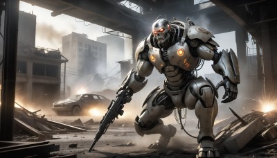 HQ,solo,red eyes,holding,weapon,holding weapon,armor,gun,no humans,glowing,fire,robot,ground vehicle,building,holding gun,mecha,glowing eyes,motor vehicle,rifle,smoke,science fiction,city,realistic,military vehicle,car,cable,one knee,ruins,damaged,power armor,debris,dust,1boy,signature