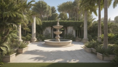 outdoors,sky,day,tree,blue sky,no humans,shadow,sunlight,grass,plant,nature,scenery,palm tree,potted plant,bush,shade,pillar,statue,column,cloud,forest,flower pot