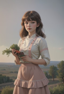 1girl,solo,long hair,looking at viewer,bangs,skirt,brown hair,shirt,holding,brown eyes,closed mouth,standing,white shirt,cowboy shot,outdoors,food,sky,day,medium hair,blurry,tree,lips,buttons,blurry background,ocean,suspenders,holding food,pink skirt,freckles,sunset,realistic,nose,suspender skirt,carrot,vegetable,breasts,blush,dress,short sleeves,frills,cloud,apron,frilled skirt