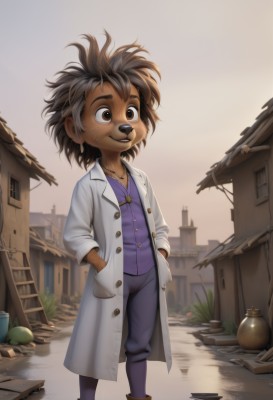 solo,smile,brown hair,1boy,animal ears,brown eyes,jewelry,male focus,boots,outdoors,necklace,building,child,furry,dog,city,hands in pockets,labcoat,furry male,male child,1girl,short hair,open mouth,shirt,long sleeves,standing,collarbone,full body,earrings,parted lips,open clothes,shoes,teeth,pants,artist name,dark skin,flat chest,dark-skinned female,coat,buttons,watermark,brown footwear,thick eyebrows,denim,messy hair,freckles,jeans,rock,furry female,purple shirt,white coat,looking afar,purple footwear,dirty,animal nose,brown fur