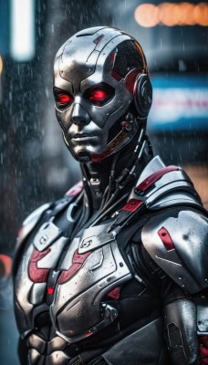 solo,red eyes,1boy,upper body,male focus,armor,blurry,blurry background,glowing,helmet,robot,glowing eyes,science fiction,rain,realistic,cyborg,power armor,cyberpunk,humanoid robot,looking at viewer,outdoors,night,depth of field,android