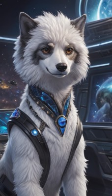 solo,smile,brown eyes,jewelry,upper body,necklace,collar,orange eyes,no humans,animal,brooch,gem,star (sky),dog,space,animal focus,planet,earth (planet),looking at viewer,sky,artist name,window,starry sky,wolf