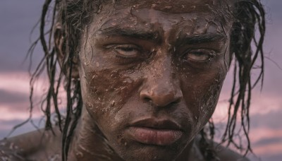 solo,long hair,looking at viewer,black hair,1boy,jewelry,closed mouth,male focus,earrings,outdoors,sky,dark skin,blurry,black eyes,lips,wet,blurry background,dark-skinned male,portrait,realistic,cloud,facial hair,cloudy sky,beard,close-up,stubble