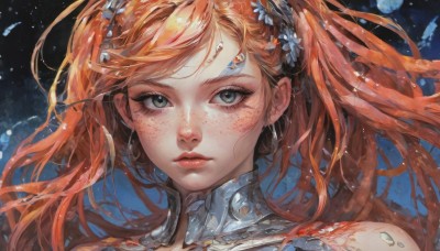 1girl,solo,long hair,looking at viewer,hair ornament,twintails,jewelry,closed mouth,green eyes,earrings,orange hair,lips,grey eyes,eyelashes,makeup,floating hair,portrait,freckles,nose,bangs,blue eyes,bare shoulders,flower,red hair,hair flower,blue background,expressionless,realistic,red lips