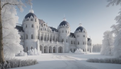 outdoors,sky,day,cloud,tree,blue sky,no humans,grass,building,scenery,snow,winter,bare tree,castle,tower,fantasy,road,fog,path