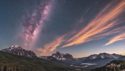 outdoors,sky,cloud,tree,no humans,night,cloudy sky,grass,star (sky),nature,night sky,scenery,forest,smoke,starry sky,sunset,mountain,landscape,mountainous horizon,shooting star