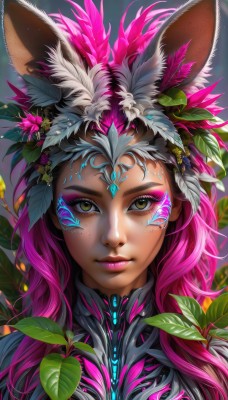 1girl,solo,long hair,looking at viewer,hair ornament,animal ears,brown eyes,closed mouth,yellow eyes,upper body,pink hair,purple hair,flower,multicolored hair,artist name,signature,hair flower,rabbit ears,two-tone hair,lips,animal ear fluff,eyelashes,gradient hair,makeup,glowing,leaf,facial mark,feathers,plant,lipstick,portrait,eyeshadow,freckles,science fiction,pink lips,nose,eyeliner,cyborg,mascara,green eyes,bodysuit,realistic