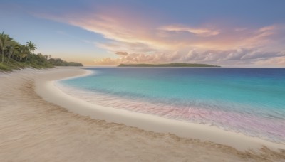 outdoors,sky,day,cloud,water,tree,blue sky,no humans,ocean,beach,cloudy sky,grass,nature,scenery,sunset,sand,palm tree,sun,horizon,evening,gradient sky,shore,orange sky,waves,island