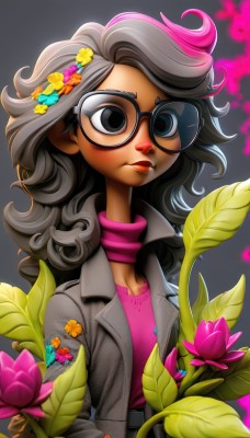 1girl,solo,long hair,breasts,shirt,black hair,hair ornament,long sleeves,cleavage,jacket,upper body,pink hair,flower,grey hair,multicolored hair,open clothes,glasses,belt,pants,artist name,hair flower,dark skin,grey background,scarf,black eyes,two-tone hair,open jacket,dark-skinned female,lips,streaked hair,makeup,leaf,wavy hair,lipstick,candy,pink flower,eyeshadow,personification,freckles,black-framed eyewear,curly hair,pink shirt,nose,round eyewear,watermark,bug,denim,web address