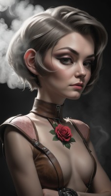 1girl,solo,breasts,looking at viewer,short hair,simple background,cleavage,jewelry,medium breasts,closed mouth,collarbone,upper body,flower,grey hair,small breasts,choker,artist name,signature,black eyes,collar,lips,grey eyes,eyelashes,tattoo,makeup,rose,thick eyebrows,lipstick,black background,red flower,eyeshadow,smoke,red rose,nose,red lips,eyeliner,mascara,black hair,brown eyes,earrings,bodysuit