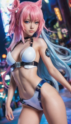 1girl,solo,long hair,breasts,looking at viewer,bangs,blue eyes,hair ornament,navel,cleavage,medium breasts,blue hair,standing,swimsuit,pink hair,bikini,multicolored hair,cowboy shot,choker,blurry,two-tone hair,lips,gradient hair,blurry background,white bikini,contrapposto,realistic,animal ears,closed mouth,highleg