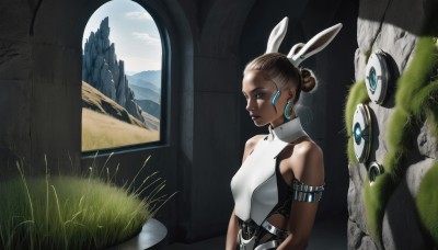 1girl,solo,breasts,short hair,blue eyes,brown hair,animal ears,bare shoulders,jewelry,upper body,earrings,small breasts,sky,sleeveless,day,dark skin,hair bun,rabbit ears,dark-skinned female,lips,makeup,fake animal ears,facial mark,single hair bun,grass,armlet,hoop earrings,very dark skin,science fiction