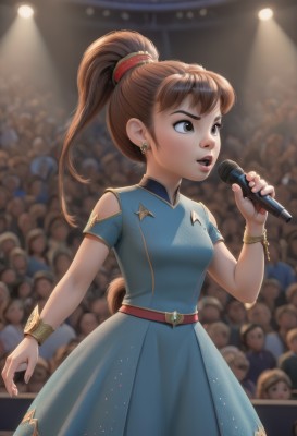 1girl,long hair,breasts,open mouth,bangs,brown hair,hair ornament,dress,holding,brown eyes,jewelry,standing,ponytail,short sleeves,earrings,teeth,solo focus,belt,blurry,bracelet,lips,clothing cutout,blurry background,blue dress,high ponytail,microphone,freckles,6+boys,music,shoulder cutout,holding microphone,singing,idol,crowd,stage,stage lights,concert,audience,solo