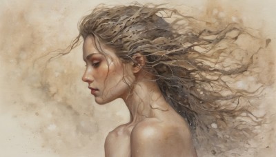 1girl,solo,long hair,blue eyes,brown hair,bare shoulders,closed mouth,upper body,nude,from side,lips,wet,eyelashes,profile,floating hair,portrait,realistic,nose,blonde hair,wavy hair,looking down