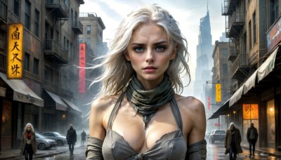 HQ,1girl,long hair,breasts,looking at viewer,blue eyes,multiple girls,blonde hair,large breasts,2girls,cleavage,bare shoulders,jewelry,medium breasts,white hair,outdoors,parted lips,multiple boys,solo focus,day,2boys,necklace,scarf,lips,makeup,scar,ground vehicle,building,motor vehicle,science fiction,city,realistic,nose,car,road,street,cyberpunk,upper body,sky,wind,walking,sign,dirty,crowd