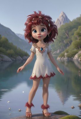 1girl,solo,looking at viewer,smile,short hair,blue eyes,brown hair,hair ornament,dress,jewelry,standing,full body,red hair,earrings,outdoors,sky,day,water,nail polish,white dress,blurry,tree,lips,toes,short dress,sandals,gem,child,nature,red nails,toenails,rock,toenail polish,female child,river,lake,short sleeves,artist name,necklace,feet,leaf,reflection,curly hair