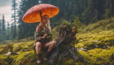 1girl,solo,long hair,blonde hair,brown hair,holding,bare shoulders,sitting,boots,outdoors,day,blurry,tree,lips,depth of field,blurry background,umbrella,looking away,sandals,grass,nature,scenery,forest,rock,realistic,oil-paper umbrella,red umbrella,skirt,white hair,pointy ears,fantasy,parasol,mushroom