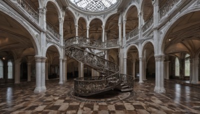 indoors,water,dutch angle,no humans,window,sunlight,scenery,reflection,stairs,architecture,checkered floor,perspective,pillar,church,arch,reflective floor,column,vanishing point,day,blurry,wooden floor,tiles,tile floor,bridge,floor,stained glass,hallway,stone floor