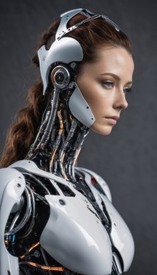 1girl,solo,long hair,breasts,blue eyes,simple background,brown hair,medium breasts,upper body,grey background,lips,bodysuit,makeup,headgear,science fiction,realistic,nose,android,cyborg,mechanical parts,from side,profile,expressionless,cable