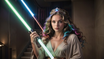 1girl,solo,long hair,breasts,looking at viewer,blue eyes,blonde hair,brown hair,holding,cleavage,jewelry,medium breasts,collarbone,upper body,weapon,multicolored hair,earrings,sword,indoors,signature,holding weapon,two-tone hair,lips,cosplay,wavy hair,parody,holding sword,tiara,crown,robe,stairs,realistic,glowing weapon,energy sword,glowing sword,lightsaber,science fiction,curly hair,animification