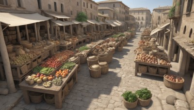 outdoors,food,sky,day,signature,tree,no humans,window,fruit,table,plant,building,scenery,stairs,city,basket,road,carrot,mushroom,house,bread,street,meat,tomato,vegetable,town,barrel,pavement,stone floor,blue sky,shadow,fantasy,potted plant,path,arch,crate,chimney