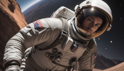 solo,looking at viewer,brown hair,gloves,1boy,brown eyes,upper body,male focus,dark skin,blurry,dutch angle,moon,helmet,star (sky),realistic,space,planet,earth (planet),american flag,spacesuit,japanese flag,space helmet,astronaut,closed mouth,bag,lips,backpack,reflection