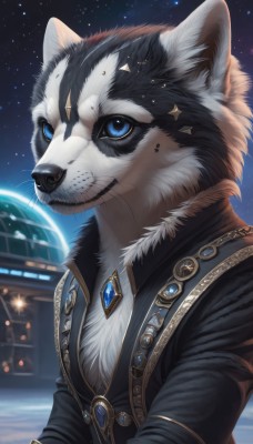 solo,blue eyes,long sleeves,1boy,animal ears,jewelry,closed mouth,jacket,upper body,male focus,outdoors,sky,artist name,signature,black jacket,no humans,night,animal,cat,brooch,gem,star (sky),night sky,furry,starry sky,furry male,animal nose,whiskers,blue gemstone,black fur,smile,colored sclera,space,planet