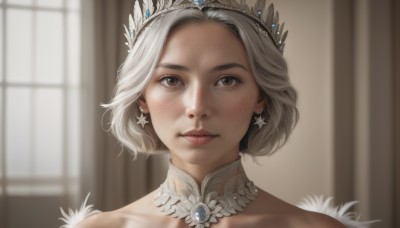 1girl,solo,looking at viewer,short hair,brown eyes,jewelry,closed mouth,collarbone,white hair,earrings,indoors,star (symbol),mole,blurry,lips,window,detached collar,depth of field,blurry background,watermark,tiara,crown,portrait,freckles,realistic,grey hair,choker,piercing,curtains,close-up,forehead,backlighting,nose,star earrings