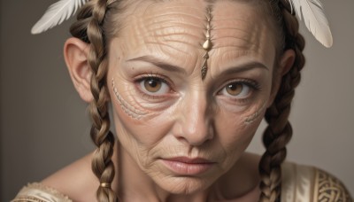 1girl,solo,long hair,looking at viewer,simple background,brown hair,hair ornament,brown eyes,closed mouth,braid,grey background,twin braids,lips,eyelashes,feathers,portrait,close-up,brown background,circlet,realistic,nose,feather hair ornament,old,wrinkled skin,mole,mole under eye,tattoo,facial tattoo,multiple braids